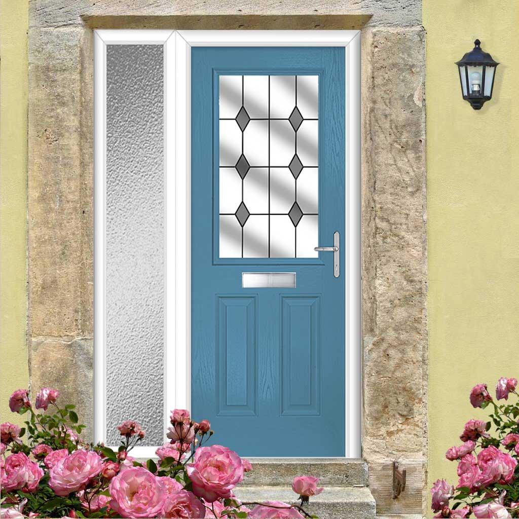 Premium Composite Front Door Set with One Side Screen - Mulsanne 1 Diamond Grey Glass - Shown in Pastel Blue