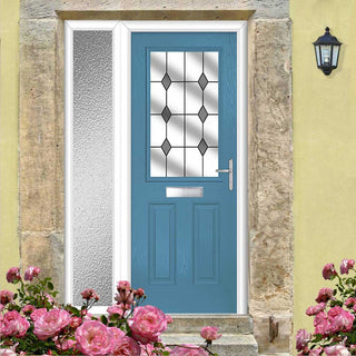 Image: Premium Composite Front Door Set with One Side Screen - Mulsanne 1 Diamond Grey Glass - Shown in Pastel Blue