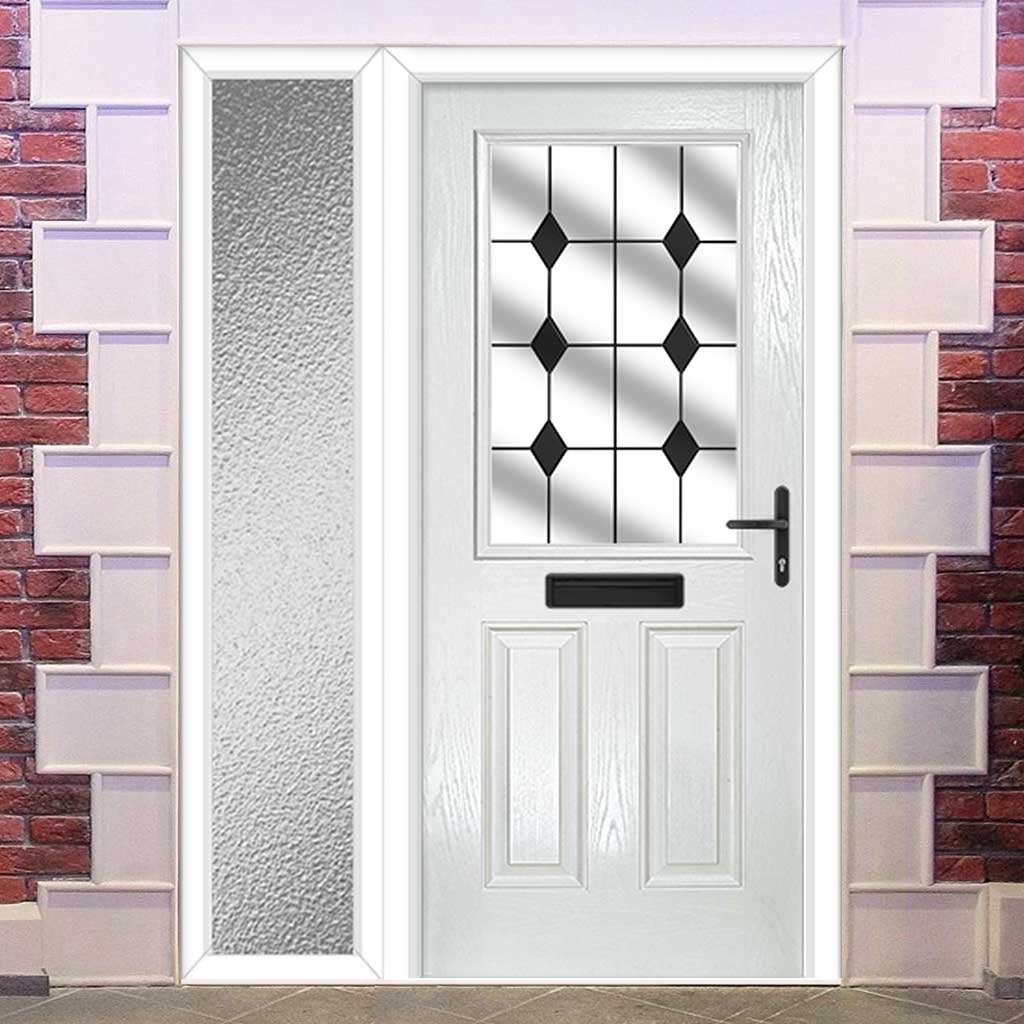 Premium Composite Front Door Set with One Side Screen - Mulsanne 1 Diamond Black Glass - Shown in White