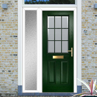 Image: Premium Composite Front Door Set with One Side Screen - Mulsanne 1 Geo Bar Sandblast Ice Glass - Shown in Green