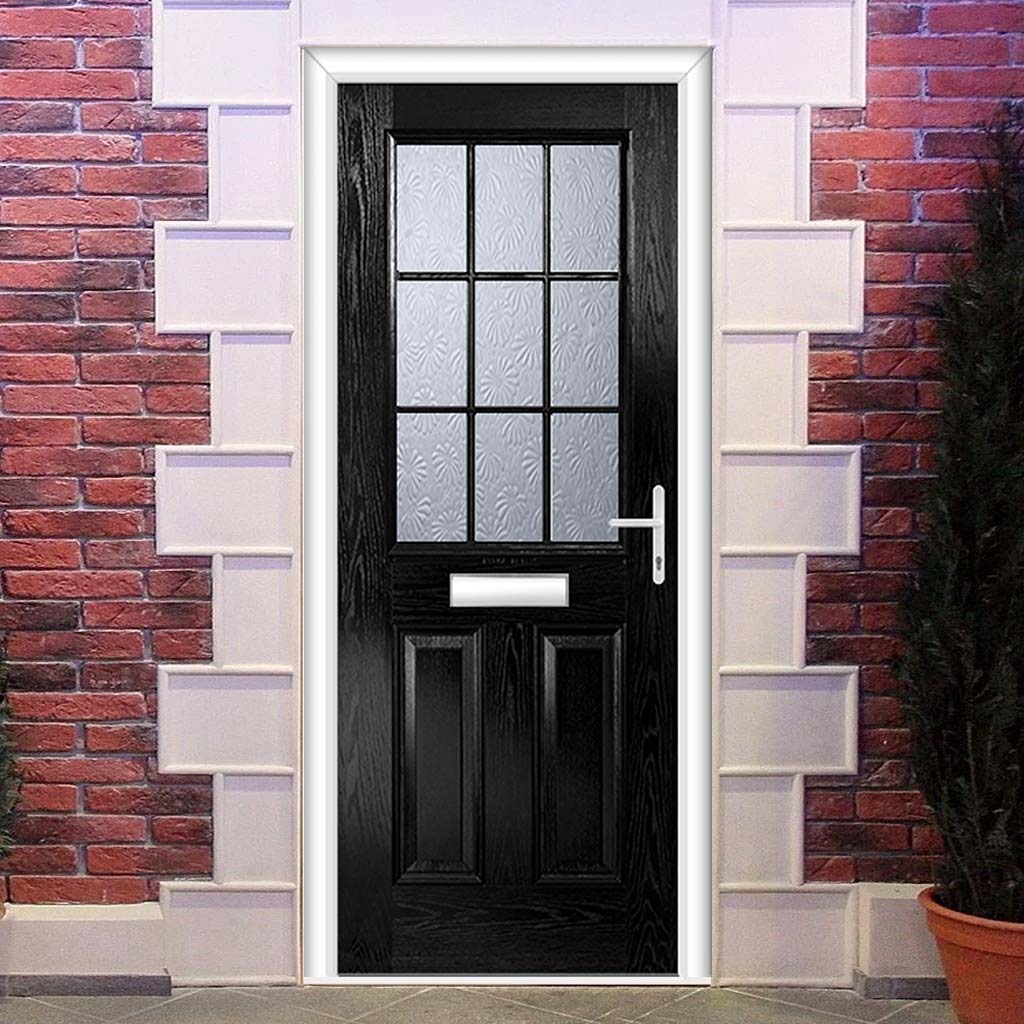 Premium Composite Front Door Set - Mulsanne 1 Geo Bar Mayflower Glass - Shown in Black