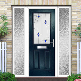 Image: Premium Composite Front Door Set with Two Side Screens - Mulsanne 1 Kupang Blue Glass - Shown in Blue