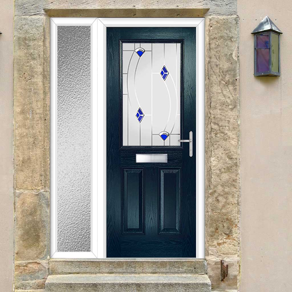 Premium Composite Front Door Set with One Side Screen - Mulsanne 1 Kupang Blue Glass - Shown in Blue