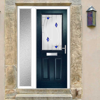 Image: Premium Composite Front Door Set with One Side Screen - Mulsanne 1 Kupang Blue Glass - Shown in Blue