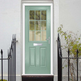 Image: Premium Composite Front Door Set - Mulsanne 1 Geo Bar Clear Glass - Shown in Chartwell Green