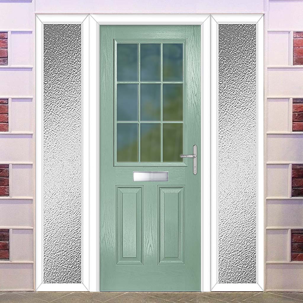 Premium Composite Front Door Set with Two Side Screens - Mulsanne 1 Geo Bar Clear Glass - Shown in Chartwell Green