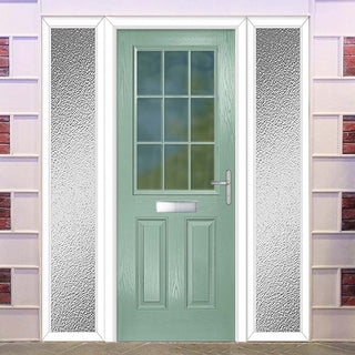 Image: Premium Composite Front Door Set with Two Side Screens - Mulsanne 1 Geo Bar Clear Glass - Shown in Chartwell Green