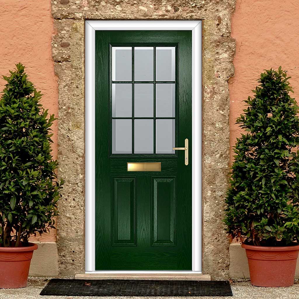 Premium Composite Front Door Set - Mulsanne 1 Geo Bar Sandblast Ice Glass - Shown in Green