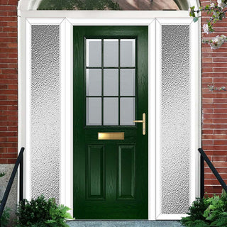 Image: Premium Composite Front Door Set with Two Side Screens - Mulsanne 1 Geo Bar Sandblast Ice Glass - Shown in Green