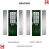 Premium Composite Front Door Set with Two Side Screens - Mulsanne 1 Geo Bar Sandblast Ice Glass - Shown in Green