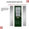 Premium Composite Front Door Set with Two Side Screens - Mulsanne 1 Geo Bar Sandblast Ice Glass - Shown in Green
