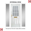 Premium Composite Front Door Set with Two Side Screens - Mulsanne 1 Geo Bar Sandblast Ice Glass - Shown in Green