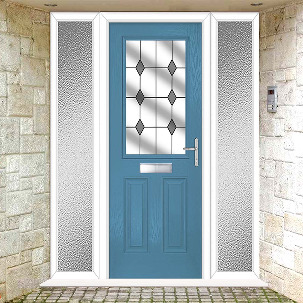 Premium Composite Front Door Set with Two Side Screens - Mulsanne 1 Diamond Grey Glass - Shown in Pastel Blue