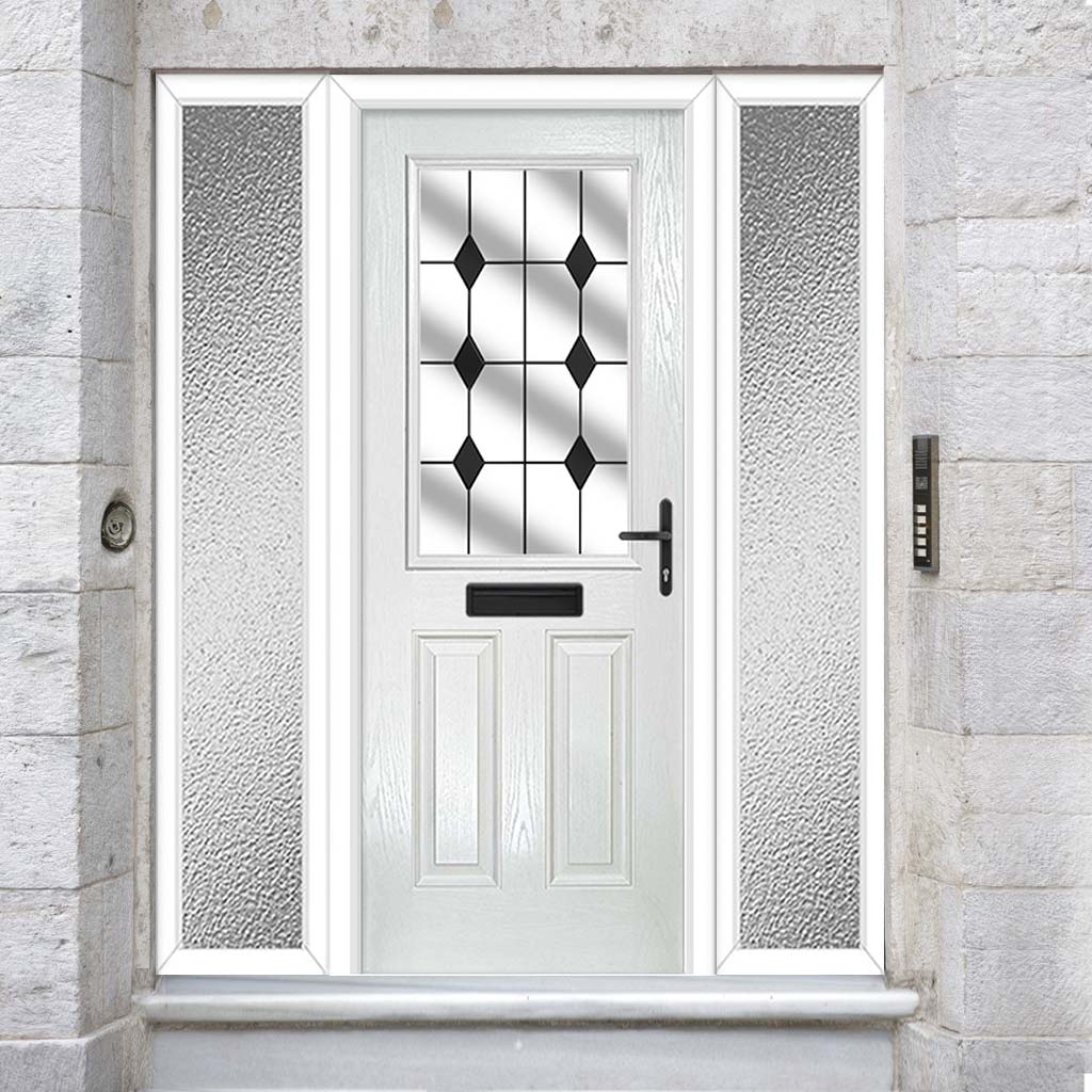 Premium Composite Front Door Set with Two Side Screens - Mulsanne 1 Diamond Black Glass - Shown in White