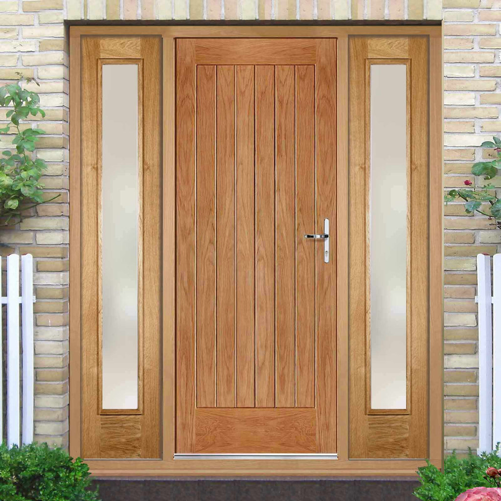 Norfolk Flush Exterior Oak Door and Frame Set - Frosted Double Glazing - Two Side Screens, From LPD Joinery