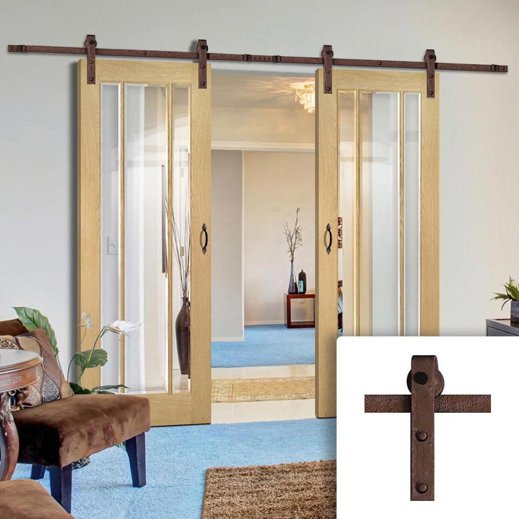 Double Sliding Door & Straight Antique Rust Track - Norwich American Oak Veneer Door - Clear Bevelled Safety Glass - Unfinished
