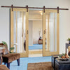 Double Sliding Door & Straight Antique Rust Track - Norwich American Oak Veneer Door - Clear Bevelled Safety Glass - Unfinished