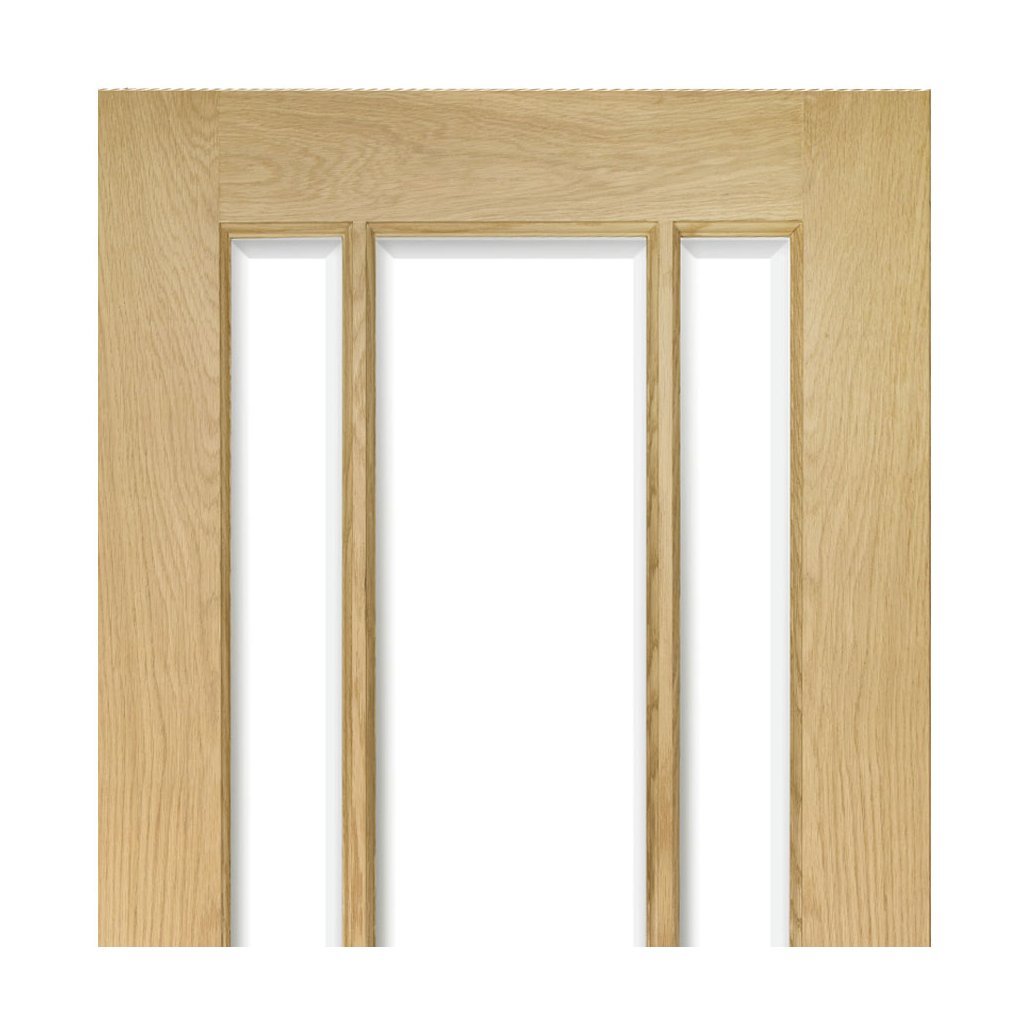 Norwich Real American Oak Veneer Double Evokit Pocket Door Detail - Clear Bevelled Glass - Unfinished