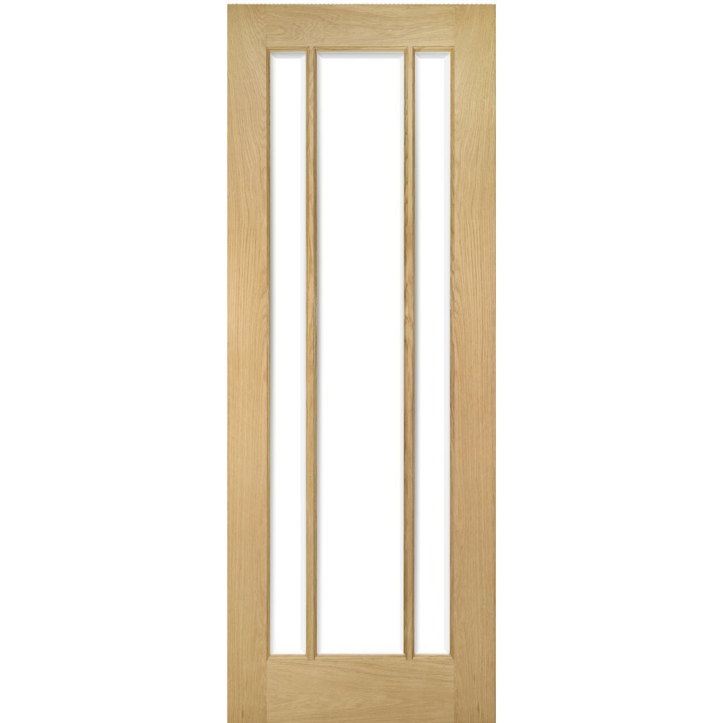 Norwich Real American Oak Veneer Double Evokit Pocket Door Detail - Clear Bevelled Glass - Unfinished