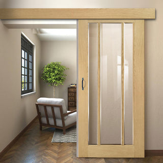 Image: Single Sliding Door & Wall Track - Norwich Real American Oak Veneer Door - Clear Bevelled Glass - Unfinished