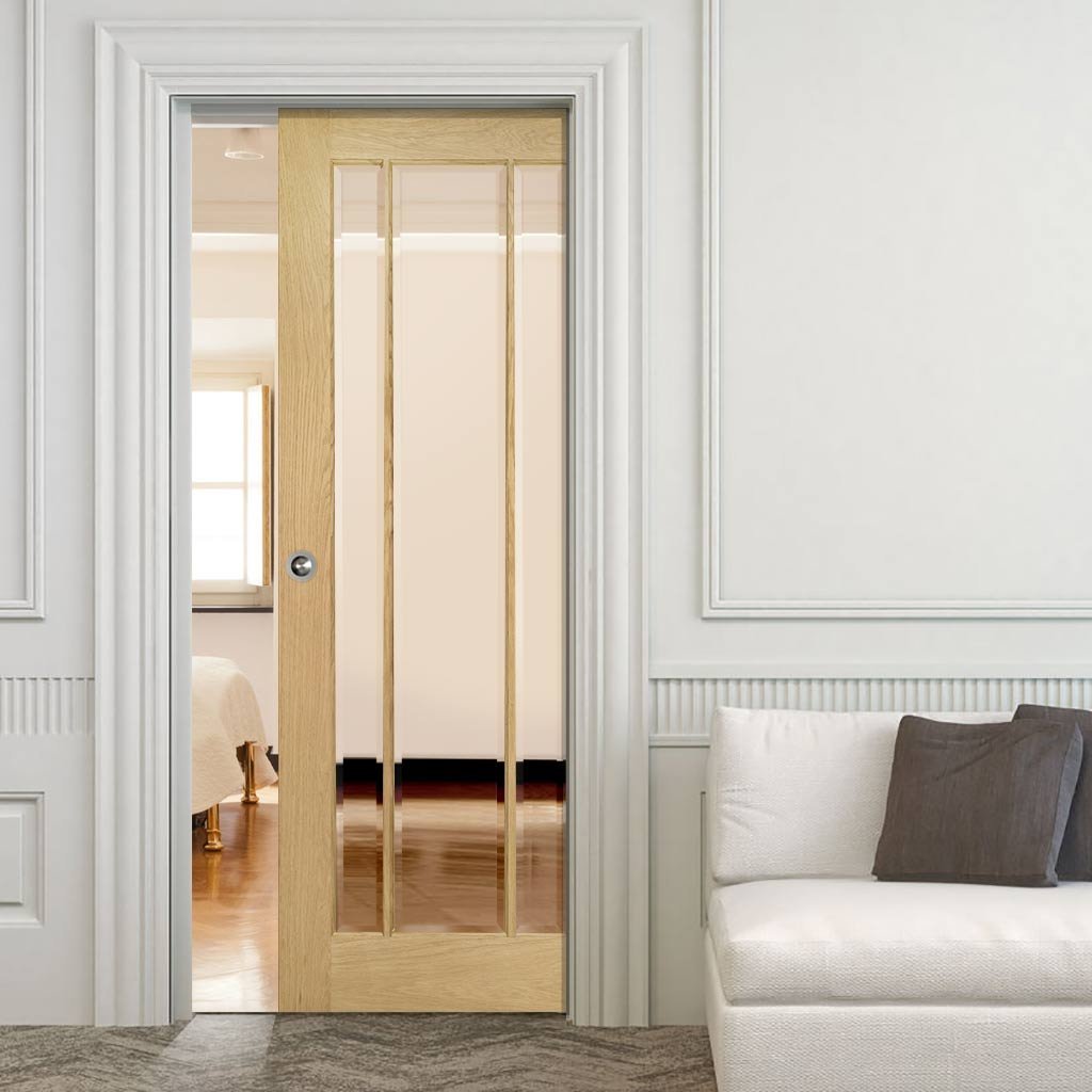 Norwich Real American Oak Veneer Single Evokit Pocket Door - Clear Bevelled Glass - Unfinished