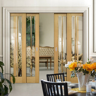 Image: Norwich American Oak Veneer Staffetta Quad Telescopic Pocket Doors - Clear Bevelled Glass - Unfinished