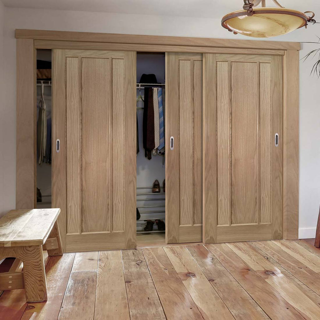 Three Sliding Maximal Wardrobe Doors & Frame Kit - Norwich Real American Oak Veneer Door - Unfinished
