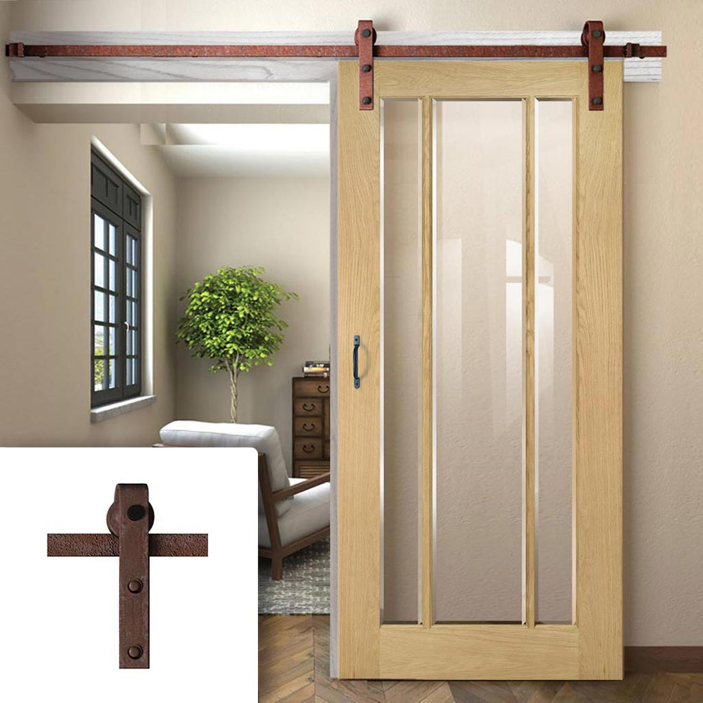 Single Sliding Door & Straight Antique Rust Track - Norwich American Oak Veneer Door - Clear Bevelled Safety Glass - Unfinished