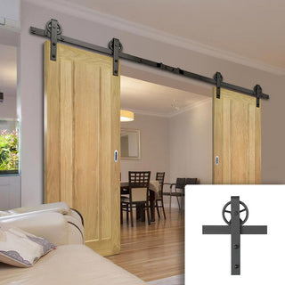 Image: Double Sliding Door & Wagon Wheel Black Track - Norwich American Oak Veneer Door - Unfinished