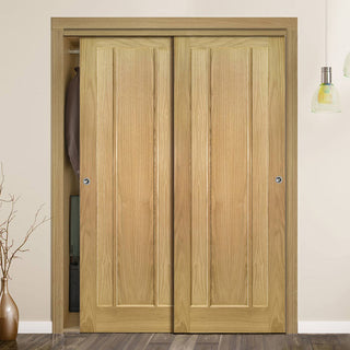 Image: Two Sliding Maximal Wardrobe Doors & Frame Kit - Norwich Real American Oak Veneer Door - Unfinished
