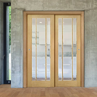 Image: Pass-Easi Two Sliding Doors and Frame Kit - Norwich Real American Oak Veneer Door - Clear Bevelled Glass - Unfinished