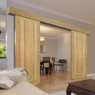Image: Double Sliding Door & Wall Track - Norwich Real American Oak Veneer Door - Unfinished