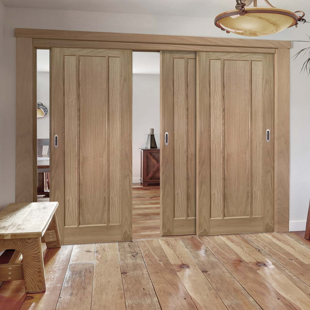 Pass-Easi Three Sliding Doors and Frame Kit - Norwich Real American Oak Veneer Door - Unfinished