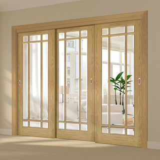 Image: Pass-Easi Three Sliding Doors and Frame Kit - Kerry Oak Door - Bevelled Clear Glass - Unfinished