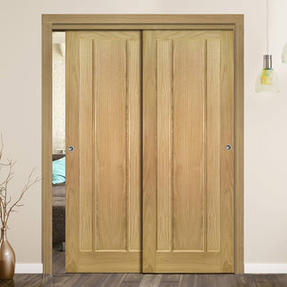 Image: Pass-Easi Two Sliding Doors and Frame Kit - Norwich Real American Oak Veneer Door - Unfinished