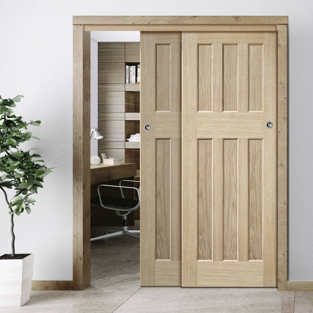 Two Sliding Doors and Frame Kit - DX 60's Nostalgia Oak Panel Door - Unfinished