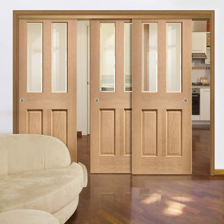 Image: Three Sliding Doors and Frame Kit - Malton Oak Door - Bevelled Clear Glass - Unfinished