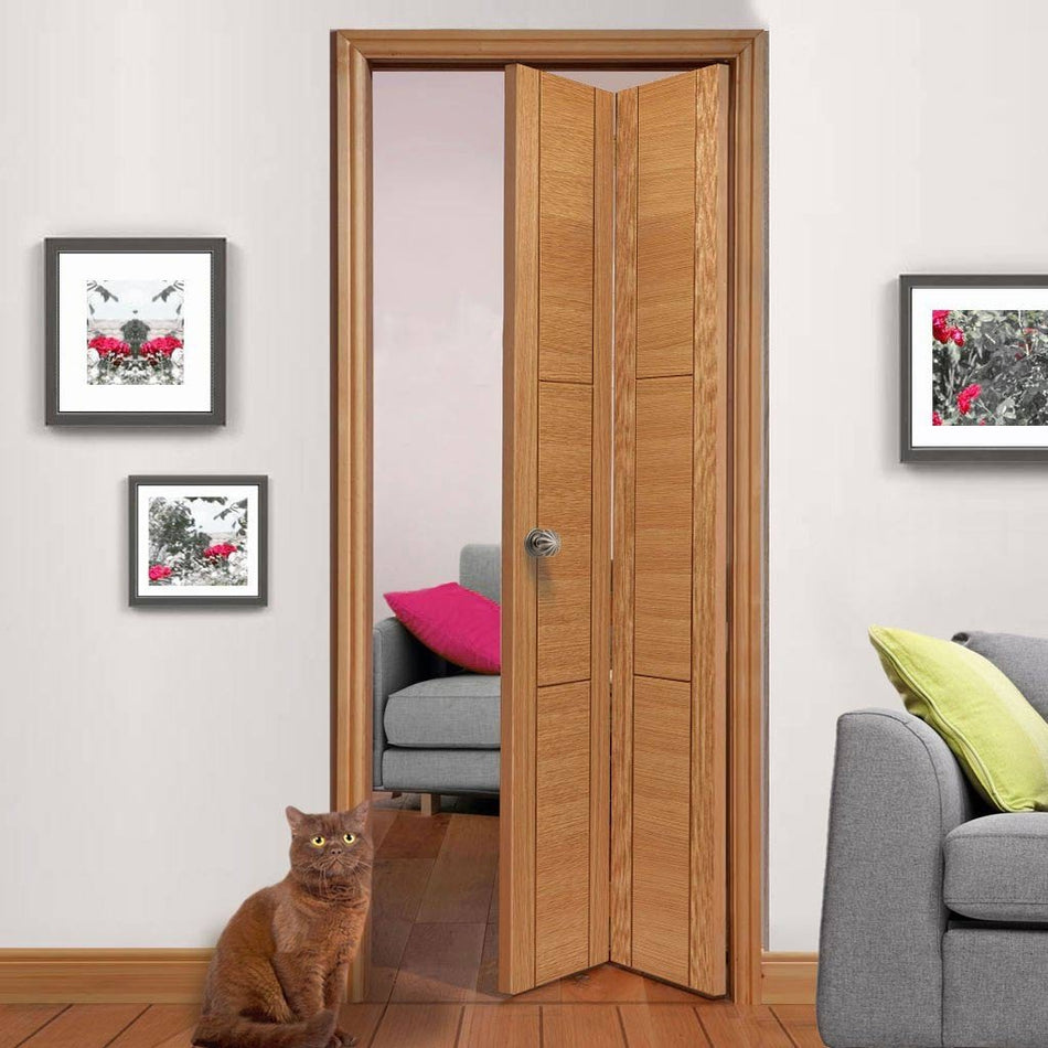 J B Kind Oak Contemporary Mistral Flush Bifold Door - Decorative Groove - Prefinished