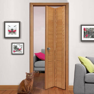 Image: J B Kind Oak Contemporary Mistral Flush Bifold Door - Decorative Groove - Prefinished