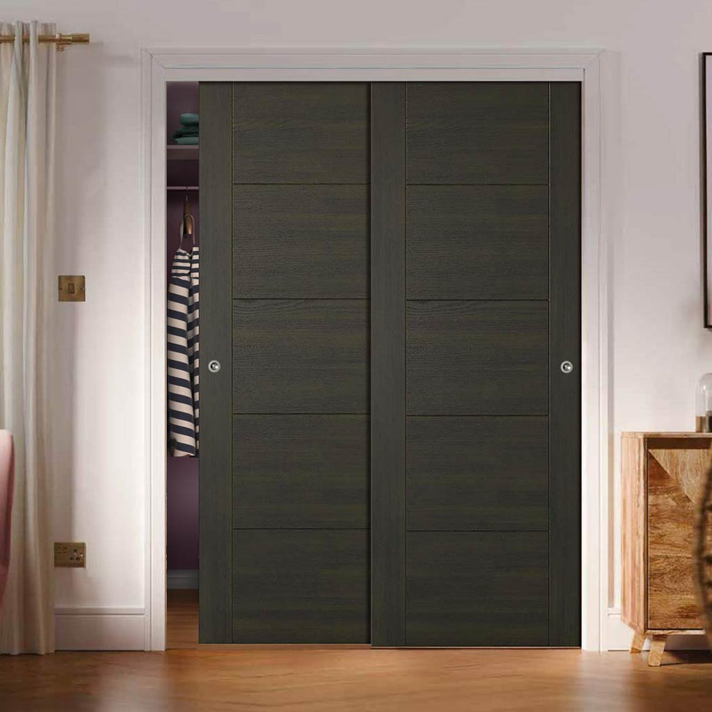 Minimalist Wardrobe Door & Frame Kit - Two Vancouver Smoked Oak Flush Doors - Prefinished