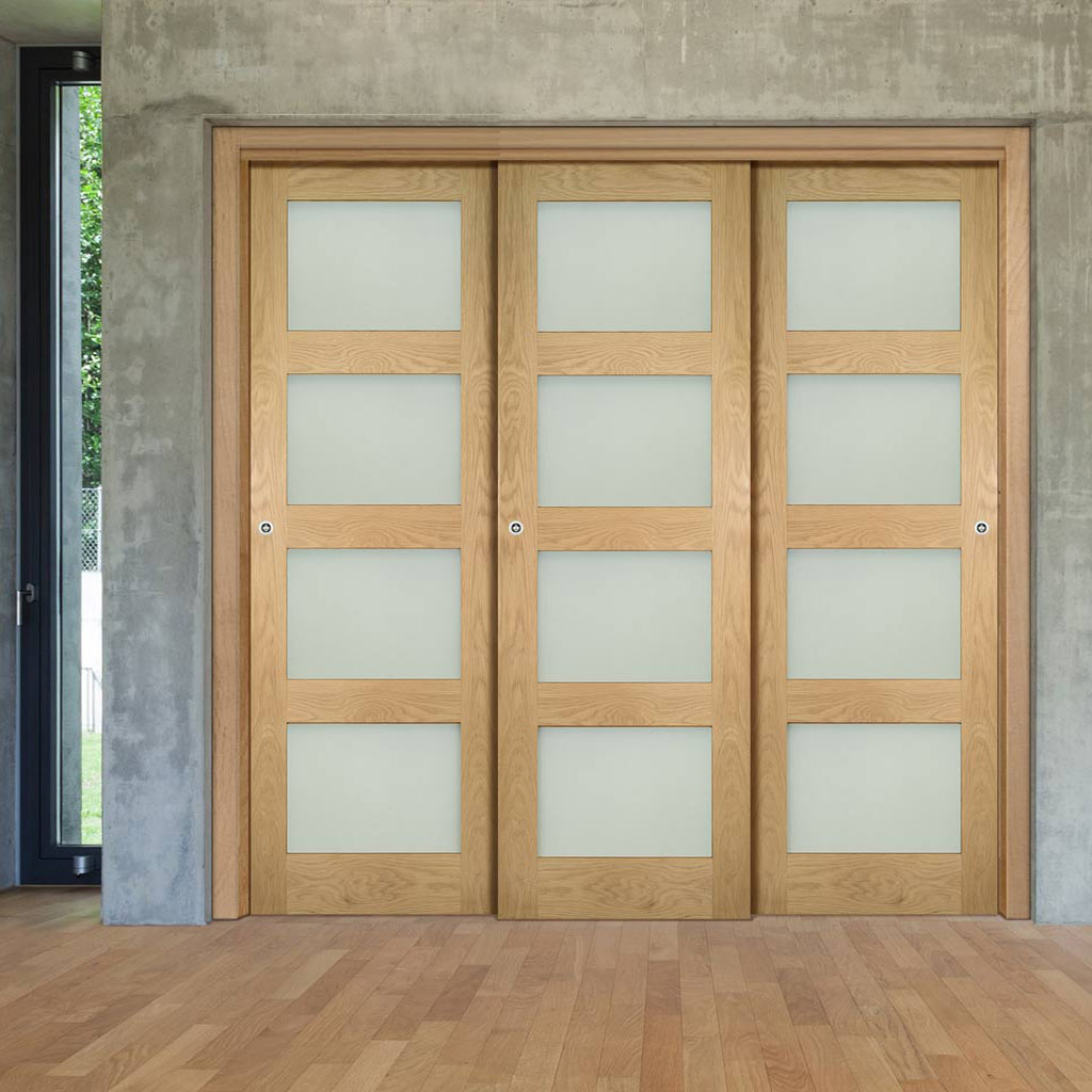 Three Sliding Maximal Wardrobe Doors & Frame Kit - Coventry Shaker Style Oak Door - Frosted Glass - Unfinished