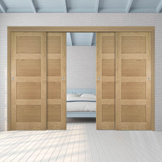 Image: Pass-Easi Four Sliding Doors and Frame Kit - Coventry Shaker Style Oak Door - Unfinished