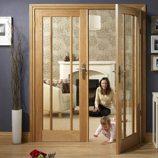 Image: Simpli Double Door Set - Worcester Oak 3 Pane Door - Clear Glass - Prefinished