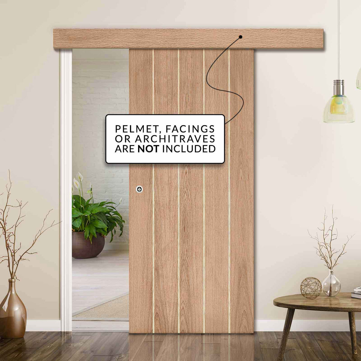 Single Sliding Door & Wall Track - Wexford Oak Panel Door - Unfinished