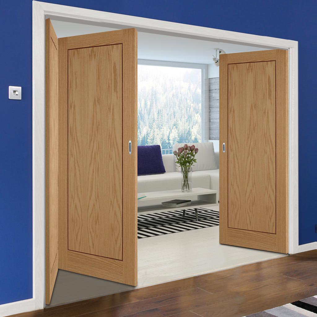 Three Folding Doors & Frame Kit - 1 Panel Inlay Flush Oak 2+1 - Prefinished