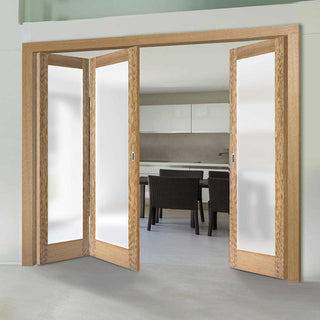 Image: Three Folding Doors & Frame Kit - Pattern 10 Oak 2+1 - Frosted Glass - Unfinished