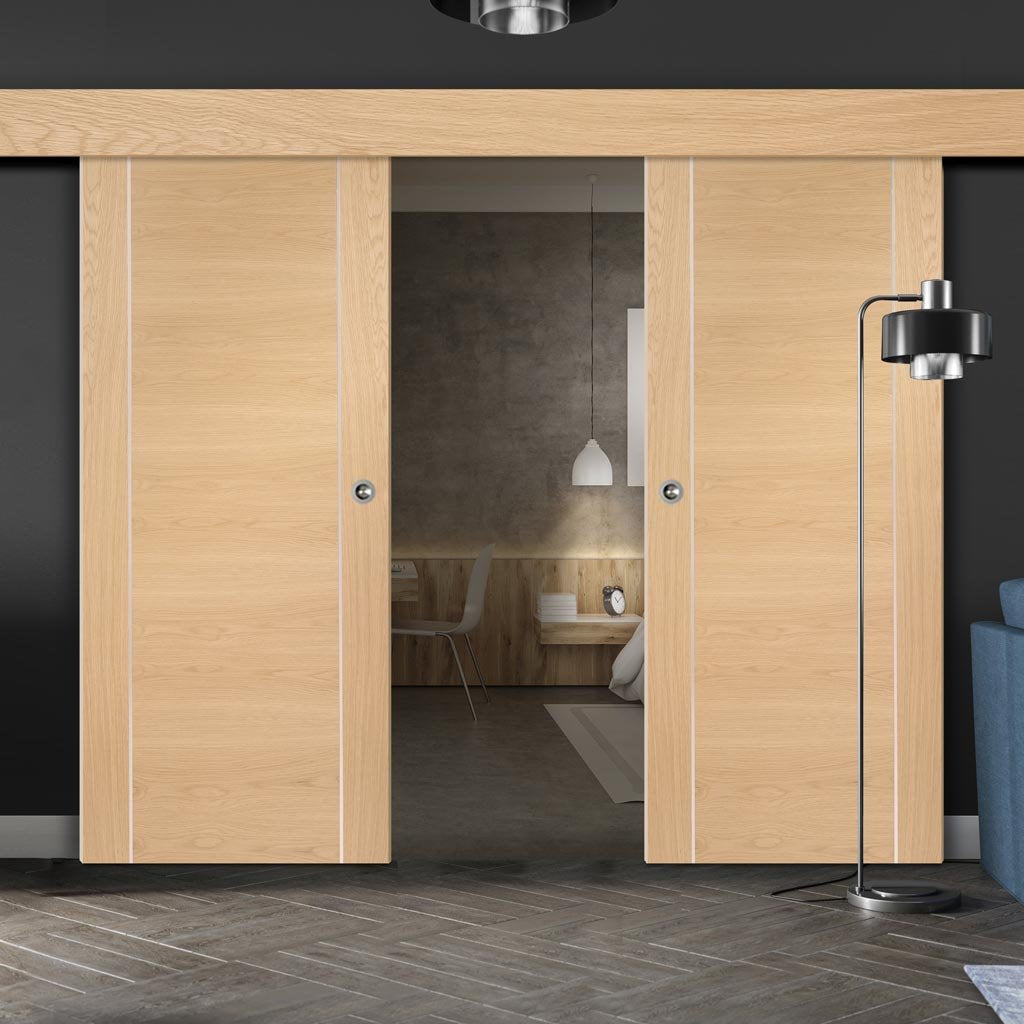 Double Sliding Door & Wall Track - Forli Oak Doors Flush Doors - Aluminium Inlay - Prefinished