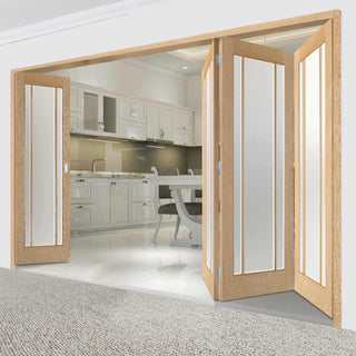 Image: Four Folding Doors & Frame Kit - Lincoln 3 Pane Oak 3+1 - Frosted Glass - Unfinished