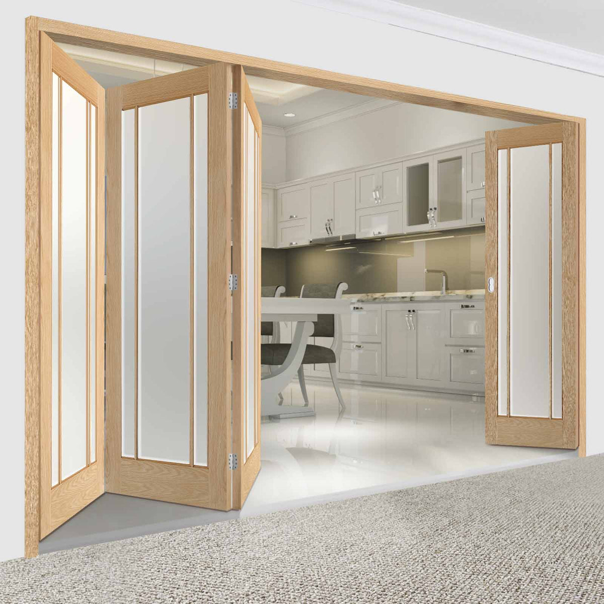 Four Folding Doors & Frame Kit - Lincoln 3 Pane Oak 3+1 - Frosted Glass - Unfinished
