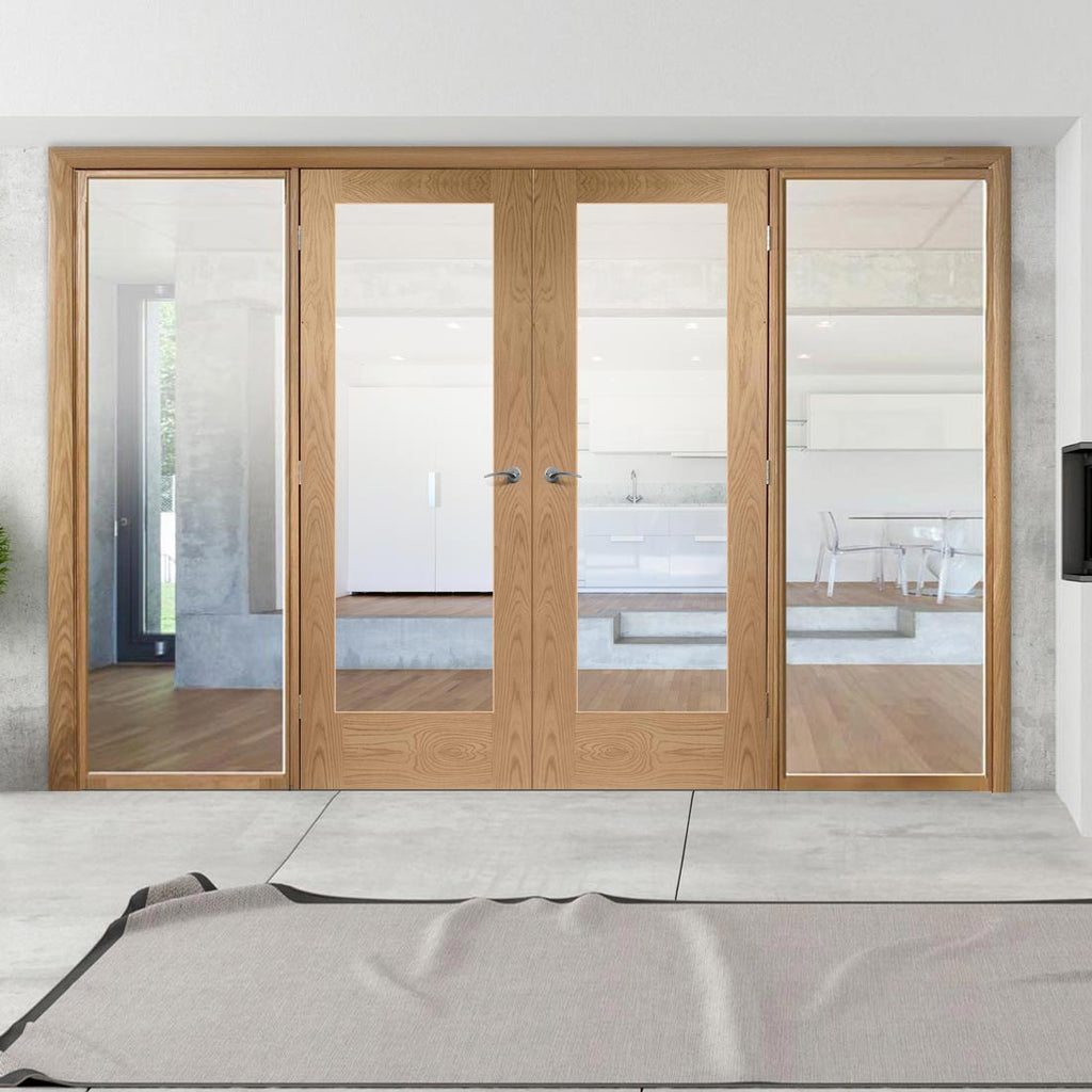 ThruEasi Oak Room Divider - Pattern 10 Clear Glass Unfinished Door Pair with Full Glass Sides